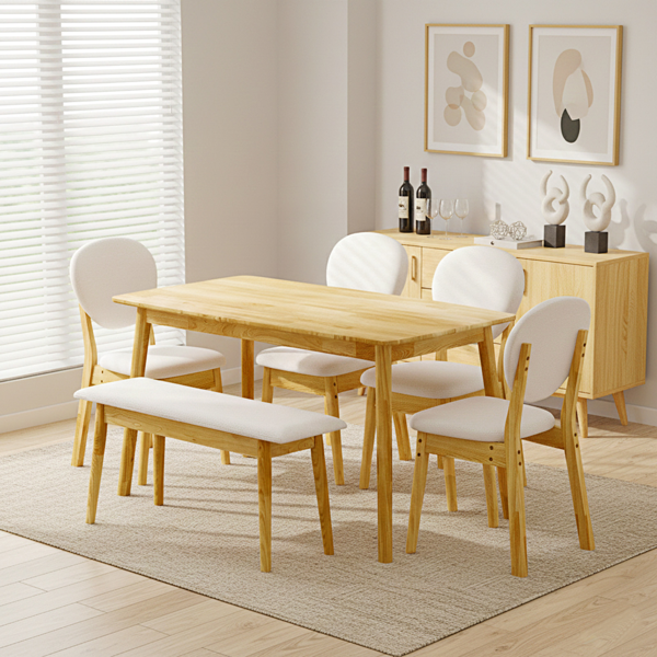 1桌4椅1凳 拆装 橡胶木+软包 原木色 餐桌椅套装 米色坐垫 长方形-19