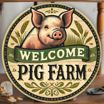 CIFbuy复古猪场主题设计平面金属标志圆形锡墙艺术墙饰(TikTok、temu下自提)