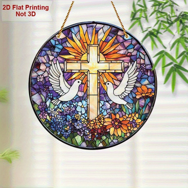 CIFbuy彩色太阳捕捉器透明复活节和平鸽十字阳光板白鸽花卉图案室外壁挂（TikTok、temu下自提）-6