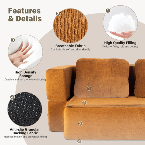 可转换沙发床，带毯子，客厅卧室用无骨云沙发，高密度实心海绵模块化沙发座，棕色-4
