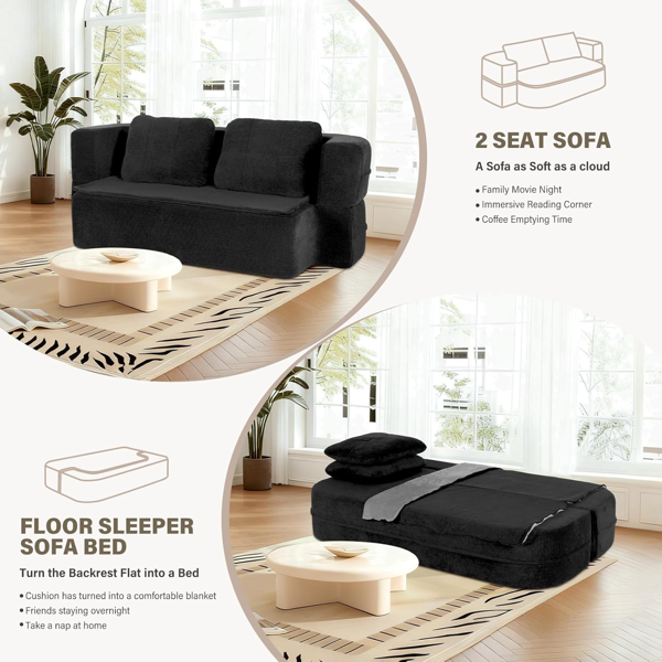 可转换沙发床，带毯子，客厅卧室用无骨云沙发，高密度实心海绵模块化沙发座，黑色-5