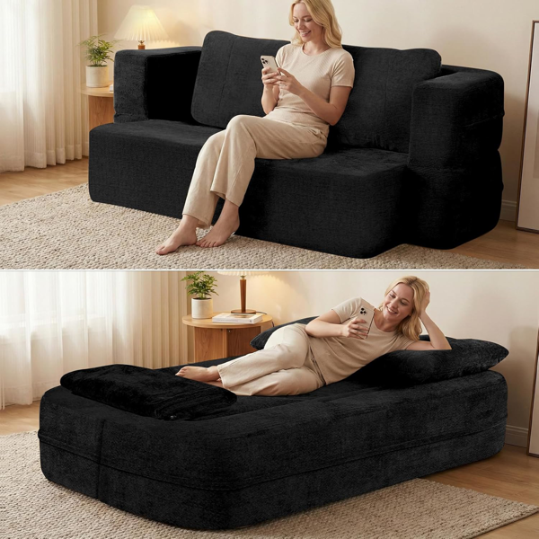 可转换沙发床，带毯子，客厅卧室用无骨云沙发，高密度实心海绵模块化沙发座，黑色-1