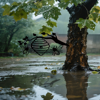 CIFbuy阳光黄蜂巢铁壁挂户外庭院蜜蜂与树剪影花园悬挂装饰(TikTok、temu下自提)