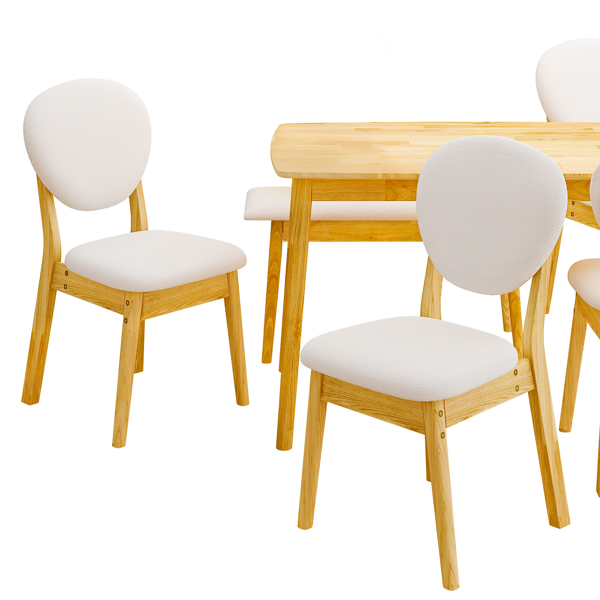 1桌4椅1凳 拆装 橡胶木+软包 原木色 餐桌椅套装 米色坐垫 长方形-5