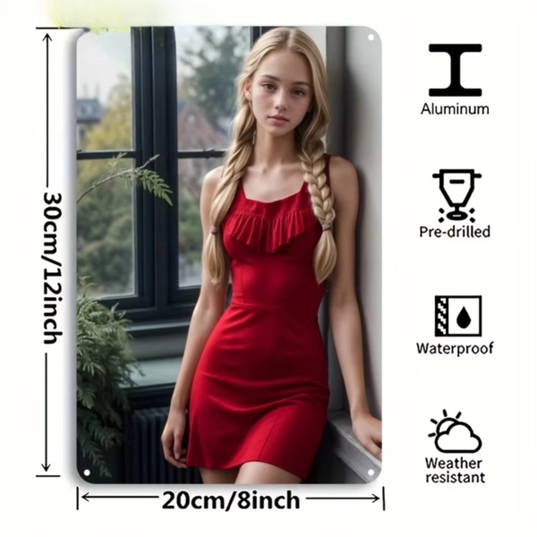 CIFbuy复古金发女孩红裙铝制墙面装饰画 TikTok、temu下自提-3