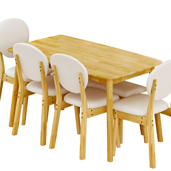 1桌4椅1凳 拆装 橡胶木+软包 原木色 餐桌椅套装 米色坐垫 长方形-8