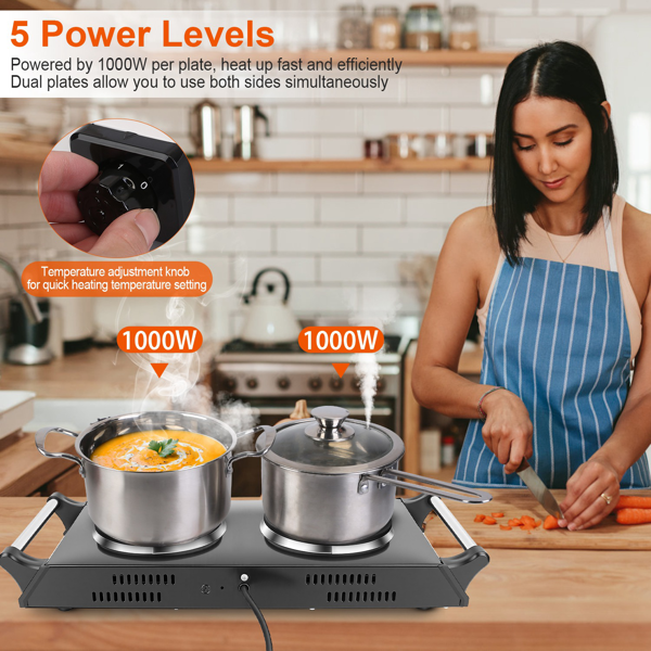 （自提可发加拿大，temu&tk下自提单）2000 瓦双灶电加热板，5 档温度调节（200℃-500℃），便携式台面炉，适用于所有平底炊具，加热快速均匀，易于清洁，适合宿舍、房车、公寓使用-11