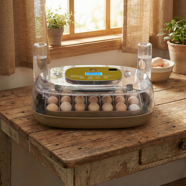 DLM-24 美规 孵化器 110V ≤70W 24枚大脸猫 ABS+PC 卡其色机身透明上盖  LED照蛋功能升级 全自动翻蛋 温湿度设置 天数设置 多功能卡条蛋盘 AB加水孔-11