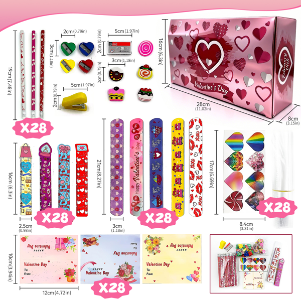 28 Packs/140pcs Valentines Day Stationery Kids Gift Set for School Classmates Exchange, Party Favor, Includes Pencils, Erasers, Stamper, Stickers-5