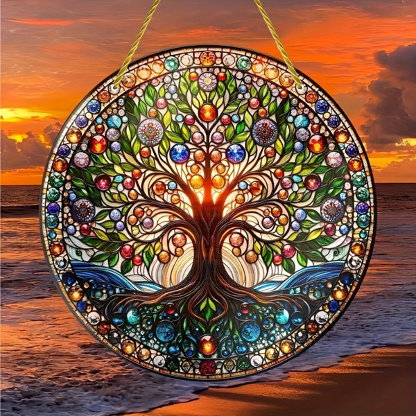 CIFbuy生命树挂饰彩色玻璃图案光滑边室内外装饰 新居礼物亚克力仿彩玻璃阳光捕捉器（TikTok、temu下自提）-2