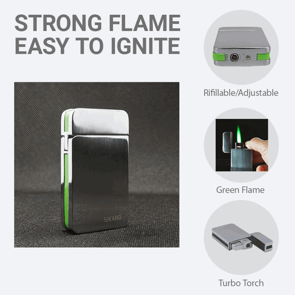 SIKARO®星空* 银面绿色边条日本设计时尚强力防风打火机雪茄香烟厨房户外可重复充气可调节火焰高度便携式-6