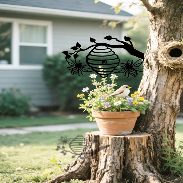 CIFbuy阳光黄蜂巢铁壁挂户外庭院蜜蜂与树剪影花园悬挂装饰(TikTok、temu下自提)-5