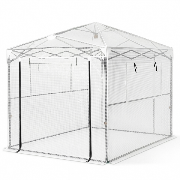 8*6FT PE布花房 白色PE布 黑底银花铁管  一键尖顶 两侧带双窗户 带对侧双拉链卷门 带地钉风绳-6