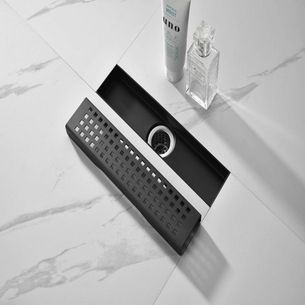 12英寸线性淋浴地漏，带可拆卸方格纹格栅，304不锈钢材质，配毛发过滤网与调平脚，哑光黑色-4