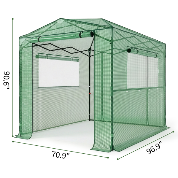 8*6FT PE布花房 绿色PE布 黑底银花铁管 一键尖顶 两侧带双窗户 带对侧双拉链卷门 带地钉风绳-2