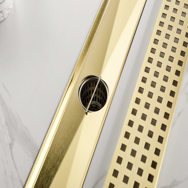 24英寸线性淋浴地漏，带可拆卸方格纹格栅，304不锈钢材质，配毛发过滤网与调平脚，拉丝金色-8