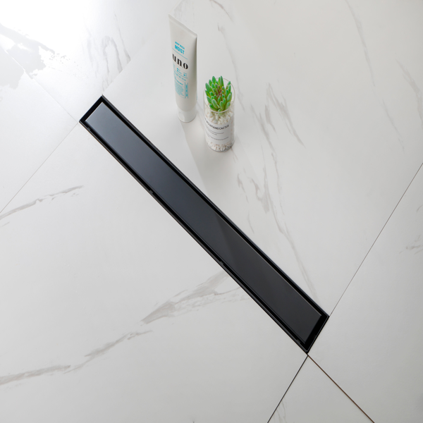 24英寸线性淋浴地漏，带二合一平面/嵌砖两用可拆卸盖板，304不锈钢材质，配毛发过滤网与调平脚，哑光黑色-2