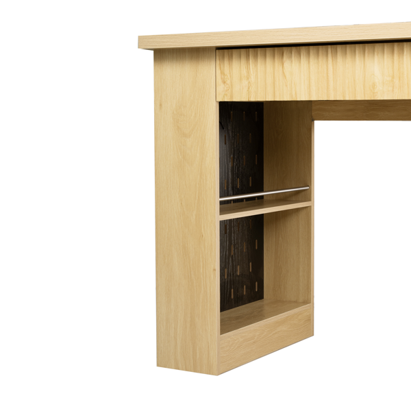 55英寸现代波纹办公桌，带储物柜和抽屉，电脑书桌，配备电源插座、洞洞板、内置置物架和键盘托盘，适用于书房、客厅、家庭办公室，浅橡木色。-5