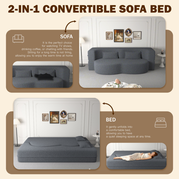 现代落地沙发，配两个靠枕，可转换成泰迪绒面料的泡沫填充沙发床，15英寸双人折叠床垫，适用于客厅、客房、游戏室，无需组装，深灰色