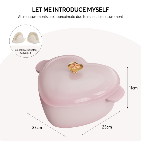 金色心形手柄 铸铁 24cm内直径 4QT 心形 烹饪锅具 粉色渐变 含两个硅胶手套 珐琅锅-3
