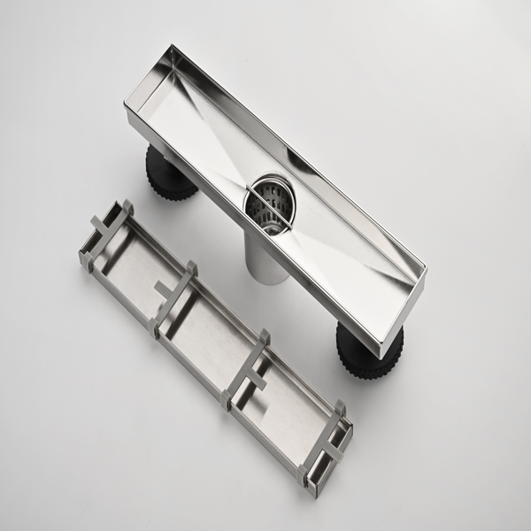 12英寸线性淋浴地漏，带二合一平面/嵌砖两用可拆卸盖板，304不锈钢材质，配毛发过滤网与调平脚，拉丝镍-8