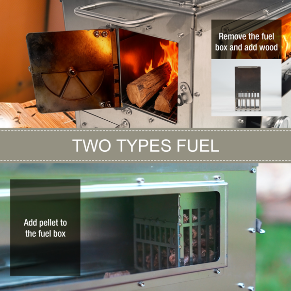 带烤箱的木柴燃烧炉 - 便携式颗粒炉，配有烟囱管，304 不锈钢户外保温帐篷式露营炉，适用于冬季狩猎、烹饪、徒步旅行，可与木材/颗粒搭配使用-7