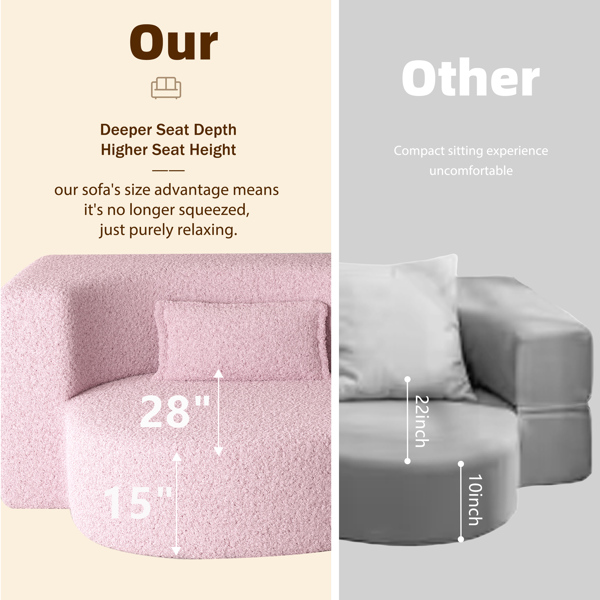 现代落地沙发，配两个靠枕，可转换成泰迪绒面料的泡沫填充沙发床，15英寸双人折叠床垫，适用于客厅、客房、游戏室，无需组装，粉色-5