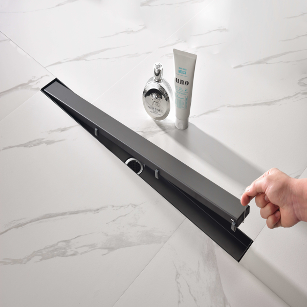 30英寸线性淋浴地漏，带二合一平面/嵌砖两用可拆卸盖板，304不锈钢材质，配毛发过滤网与调平脚，哑光黑色-4