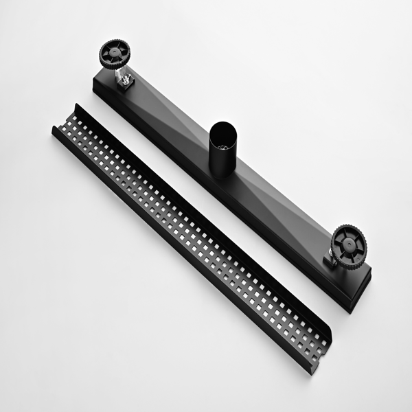 24英寸线性淋浴地漏，带可拆卸方格纹格栅，304不锈钢材质，配毛发过滤网与调平脚，哑光黑色-10