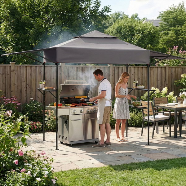 3.3X12.5FT 深灰色 双顶 折叠框架 烧烤棚 涤纶布 黑色喷塑框架 带两侧可调遮阳板 两边带网格托盘 配拎包-18