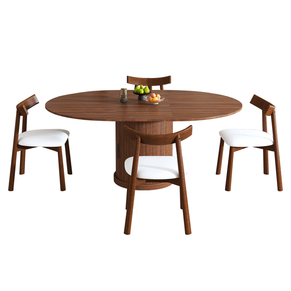 59英寸可伸缩椭圆形餐桌套装，配4把胡桃木餐椅，47-59英寸无导轨可伸缩餐桌，带双层储物空间，PU软垫实木餐椅，底座式设计，适合4-6人使用。-2
