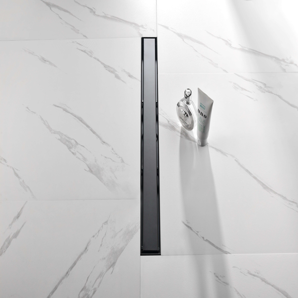 30英寸线性淋浴地漏，带二合一平面/嵌砖两用可拆卸盖板，304不锈钢材质，配毛发过滤网与调平脚，哑光黑色-10