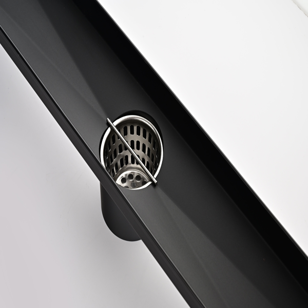 24英寸线性淋浴地漏，带可拆卸方格纹格栅，304不锈钢材质，配毛发过滤网与调平脚，哑光黑色-9