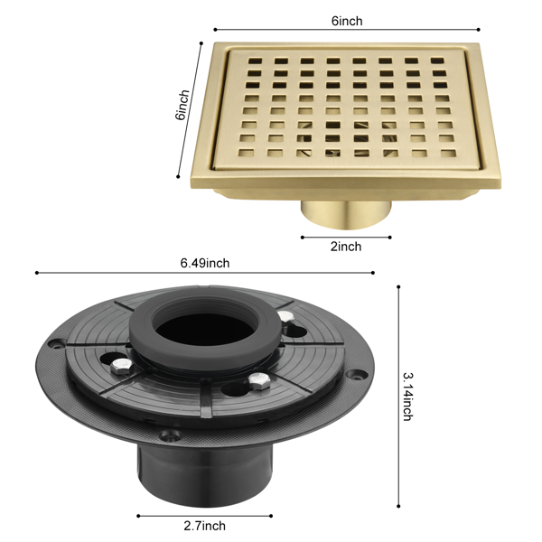 6英寸方形淋浴地漏，带可拆卸方格纹格栅，304不锈钢材质，配法兰底座和毛发过滤网，拉丝金色-10