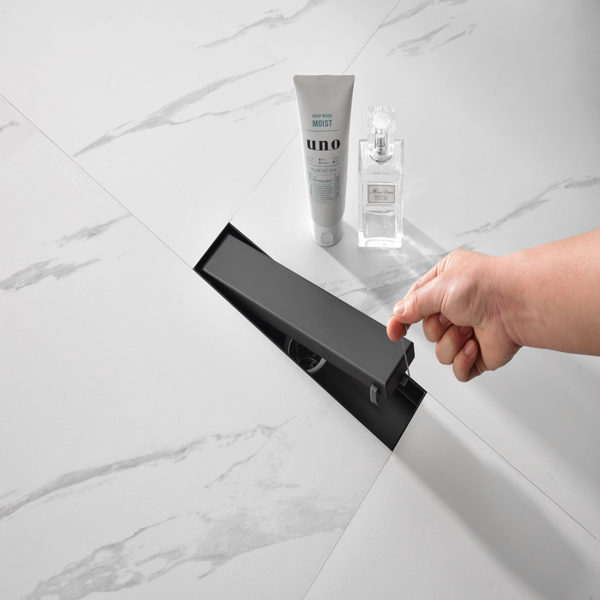 12英寸线性淋浴地漏，带二合一平面/嵌砖两用可拆卸盖板，304不锈钢材质，配毛发过滤网与调平脚，哑光黑色-4