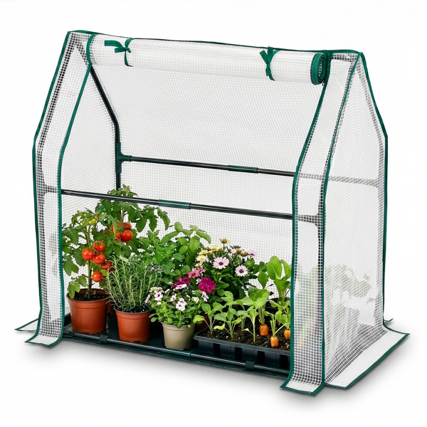 36*18*33in PE布花房 白色PE布 墨绿色铁管 尖顶 带PE地垫 带拉链卷门-7