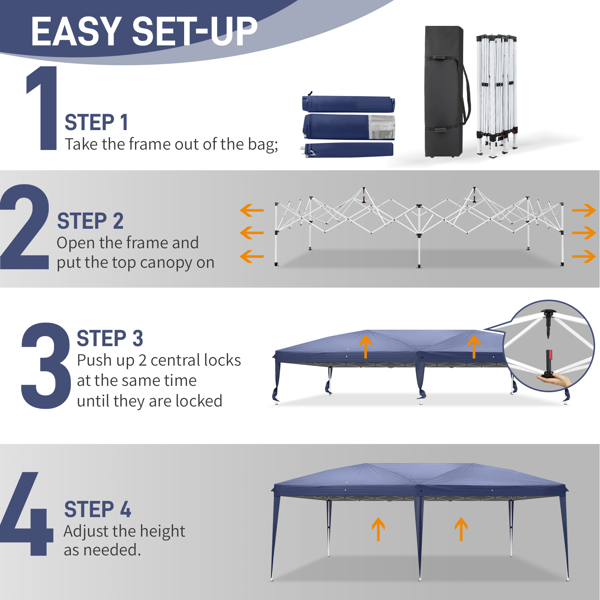 10*20ft  蓝色  一键撑开 6片面-2门4窗 28/22MM脚管 10X20MM交叉杆 折叠棚  210D牛津布  喷塑铁管 配拎包 无沙袋-9