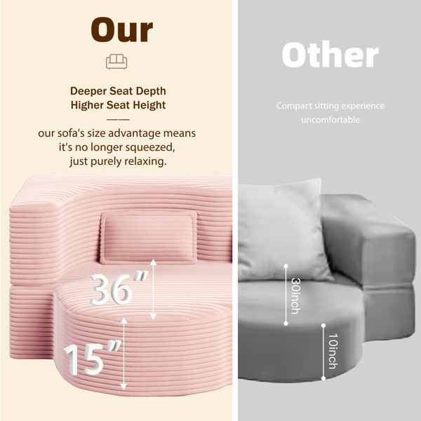 现代落地沙发，配两个靠枕，可转换成柔软灯芯绒面料的泡沫填充沙发床，15英寸全尺寸折叠床垫，适用于客厅、客用，无需组装，婴儿粉色-4