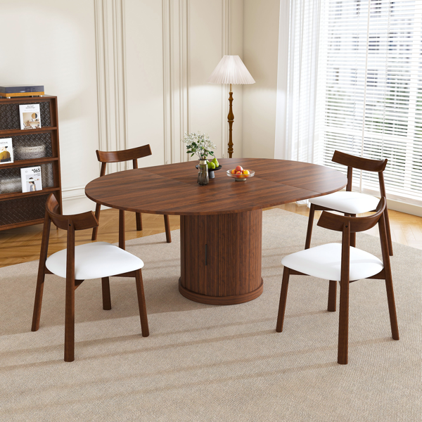 59英寸可伸缩椭圆形餐桌套装，配4把胡桃木餐椅，47-59英寸无导轨可伸缩餐桌，带双层储物空间，PU软垫实木餐椅，底座式设计，适合4-6人使用。-17