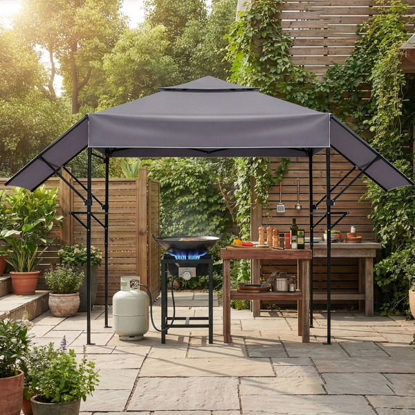 3.3X12.5FT 深灰色 双顶 折叠框架 烧烤棚 涤纶布 黑色喷塑框架 带两侧可调遮阳板 两边带网格托盘 配拎包-17