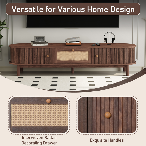 现代简约电视柜，适用于75英寸电视，带藤编抽屉的媒体控制台电视柜，适合客厅使用，配备1个抽屉和2个推拉门式储物柜。-9