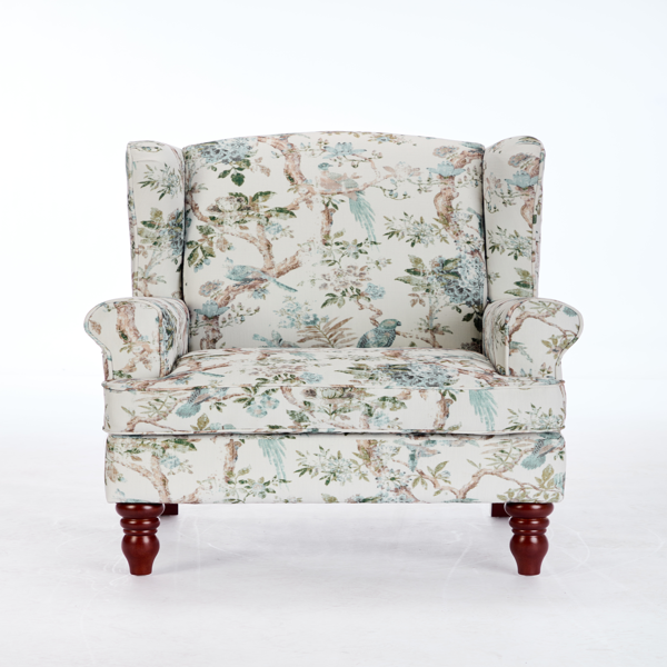 现代风格休闲椅，搭配复古木质椅腿，舒适软垫扶手椅，花卉图案单人沙发椅，适合客厅、卧室、办公室使用 - 花卉蓝鸟图案-1