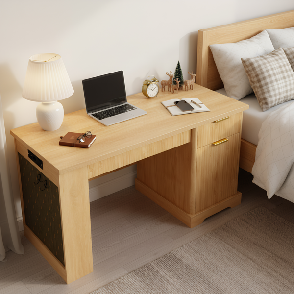 55英寸现代波纹办公桌，带储物柜和抽屉，电脑书桌，配备电源插座、洞洞板、内置置物架和键盘托盘，适用于书房、客厅、家庭办公室，浅橡木色。-26