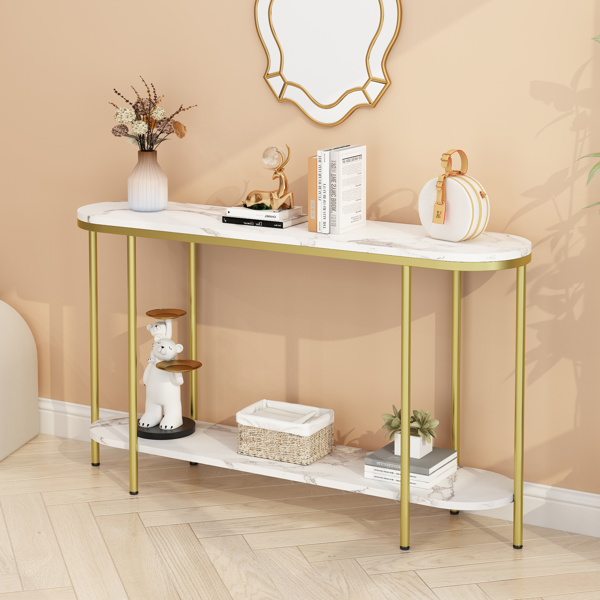 2层长椭圆形 玄关桌 白色大理石面 金色框架 密度板贴三胺 铁件 107*29*77cm-9