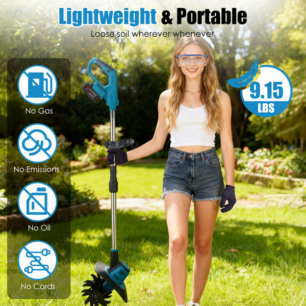 （自提可发加拿大，temu&tk下自提单）无线耕耘机，800W电动无线耕耘机，21V电池驱动土壤耕耘机，耕深6.69英寸（17.5厘米），耕宽8.66英寸（22厘米），手持式园艺耕耘机，适用于庭院种植-14