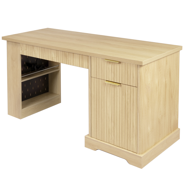 55英寸现代波纹办公桌，带储物柜和抽屉，电脑书桌，配备电源插座、洞洞板、内置置物架和键盘托盘，适用于书房、客厅、家庭办公室，浅橡木色。-10