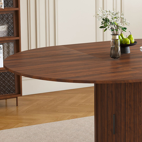 59英寸可伸缩椭圆形餐桌套装，配4把胡桃木餐椅，47-59英寸无导轨可伸缩餐桌，带双层储物空间，PU软垫实木餐椅，底座式设计，适合4-6人使用。-7