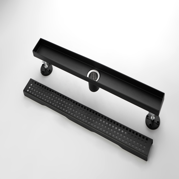 28英寸线性淋浴地漏，带可拆卸方格纹格栅，304不锈钢材质，配毛发过滤网与调平脚，哑光黑色-8