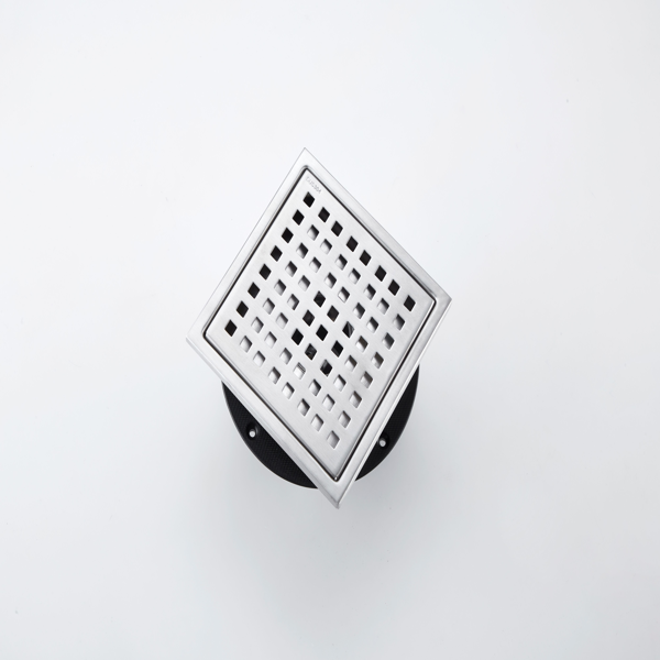 6英寸方形淋浴地漏，带可拆卸方格纹格栅，304不锈钢材质，配法兰底座和毛发过滤网，拉丝镍-3