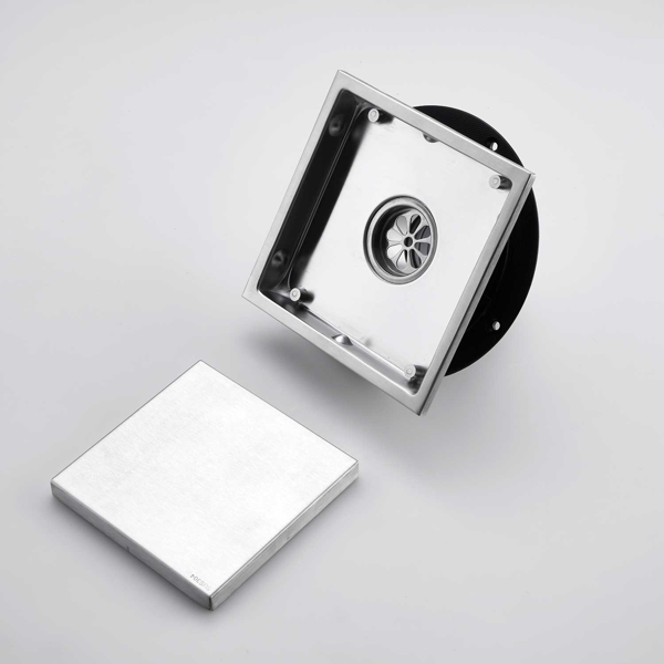 6英寸方形淋浴地漏，带二合一平面/嵌砖两用可拆卸盖板，304不锈钢材质，配法兰底座和毛发过滤网，拉丝镍-4